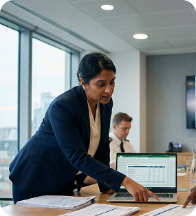 Professional reviews documents and data during meeting.