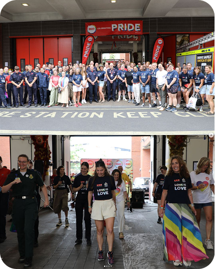Pride celebration gathering at fire station with community march.