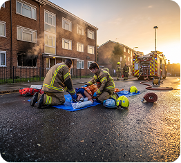 Emergency responders performing CPR on injured person roadside.